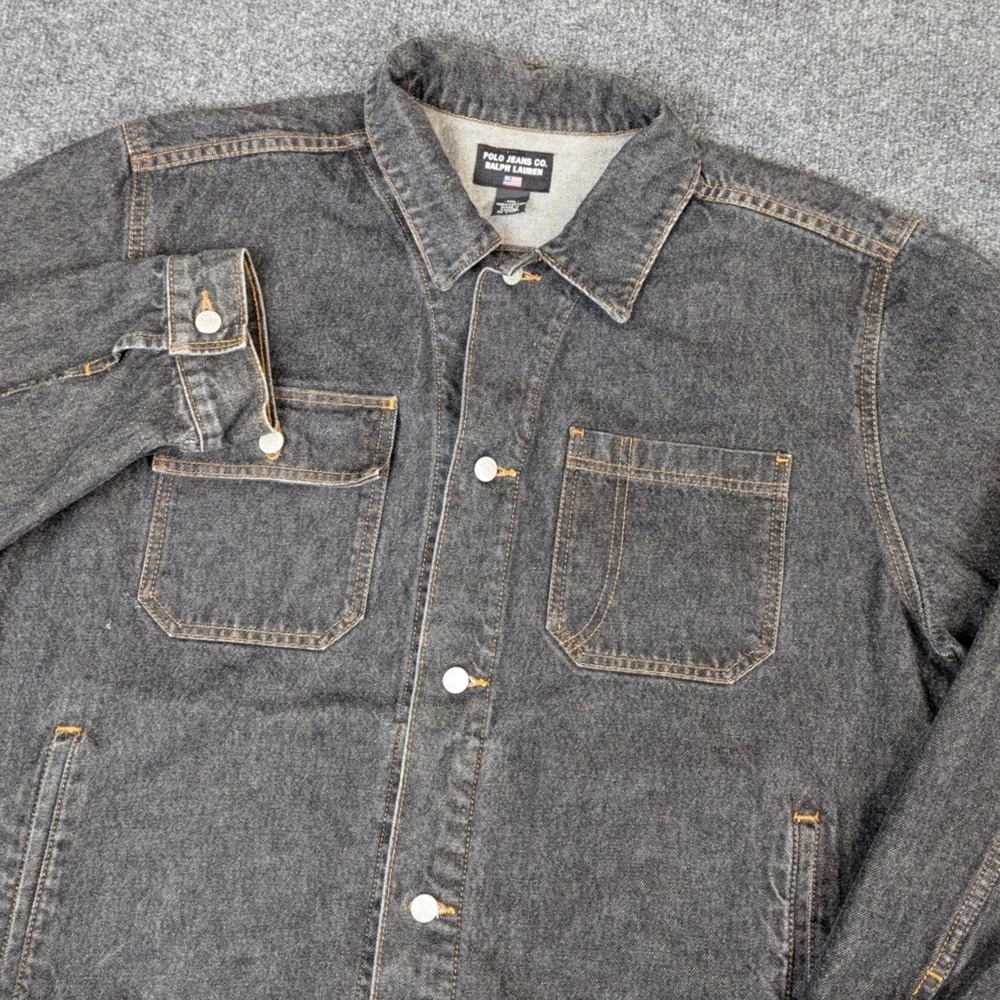 Polo Jeans Co Ralph Lauren Mens XXL Black Denim Trucker Jacket Cotton Logo Patch